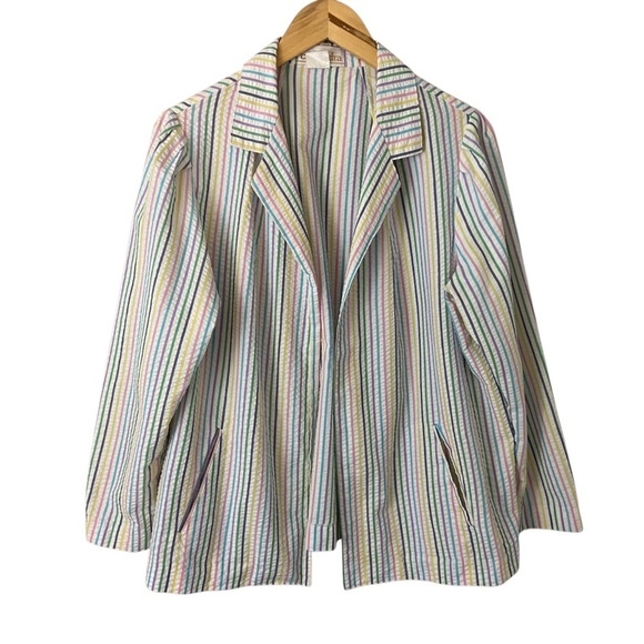 Vintage Pastel Striped Seersucker Open Blazer Rainbow Retro Career Sz 38 (M) - Picture 1 of 6